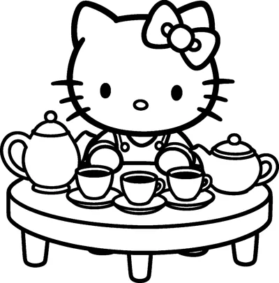 Hello Kitty sits at a round table set with two teapots, three teacups and saucers for a tea party.