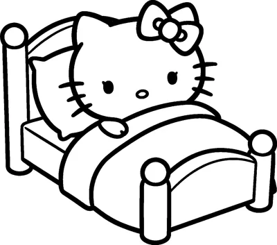 Hello Kitty lies tucked up in a wooden bed with a pillow and a thick blanket, ready for sleep.