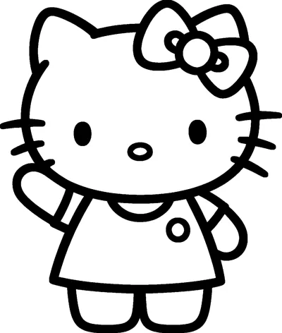 Hello Kitty stands in a simple dress and waves one paw, with her bow on one ear and whiskers on her round face.