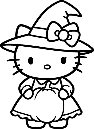 Hello Kitty dressed as a witch for Halloween, with a pointy hat and bow, holding a big pumpkin in front of her dress.