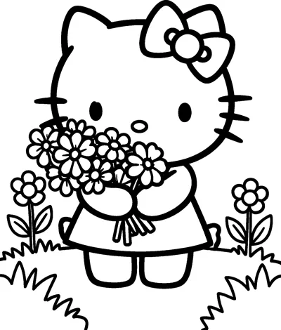 Hello Kitty hugs a big bunch of daisy-like flowers in a garden, with potted flowers and grassy hills around her.