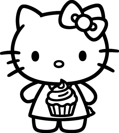Hello Kitty stands with a big cupcake in front of her dress, topped with a swirl of icing and a little cherry.
