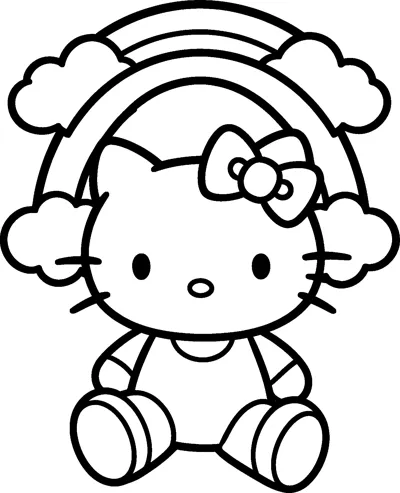 Hello Kitty sits happily in front of a big arched rainbow with puffy clouds at each end and above.