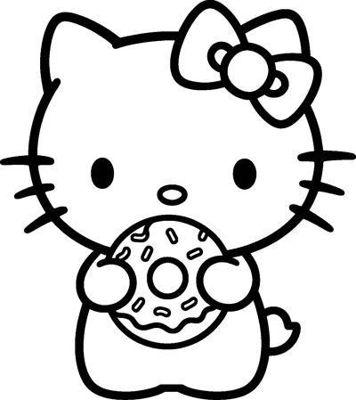 Hello Kitty holds a big round donut covered in icing and sprinkles up close to her face with both paws.