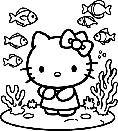 Hello Kitty stands among seaweed and coral while little fish swim around her and bubbles float upwards.