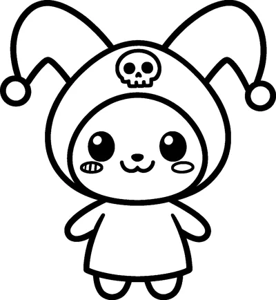 Kuromi smiles cheekily in her pointed jester hat with round bobbles and a small skull mark on the front.