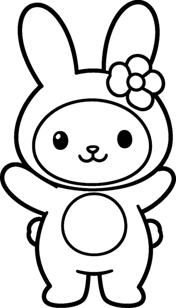 My Melody the rabbit stands in her hood with a flower on one ear, raising both paws in a cheerful wave.