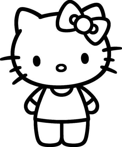 Hello Kitty stands facing forward in a simple short-sleeved top, with her bow, whiskers and paws drawn in bold lines.