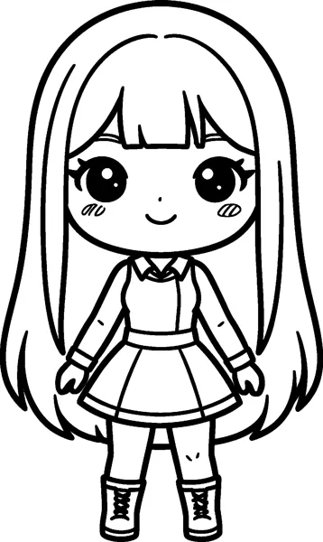 A chibi drawing of Mira with a big head, long straight hair falling past her waist, a collared top, a flared skirt and lace-up boots.