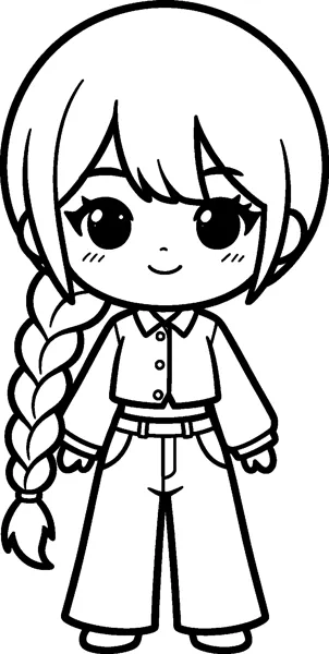 A chibi drawing of Rumi with a big head, bright eyes, a long braid over her shoulder, a cropped jacket and wide-leg trousers.