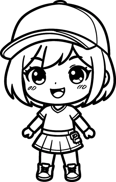 A chibi drawing of Zoey with a big head, a baseball cap, short hair, a wide smile, a T-shirt and a pleated skirt.