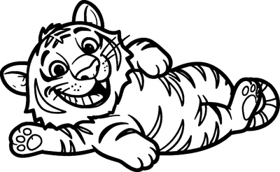 A goofy striped tiger lounges on his side with a wide happy grin, one paw tucked behind his head and paw pads showing.