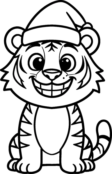 A drawing of Derpy the tiger sitting down with a huge toothy grin, round eyes, a striped body and a Santa hat.