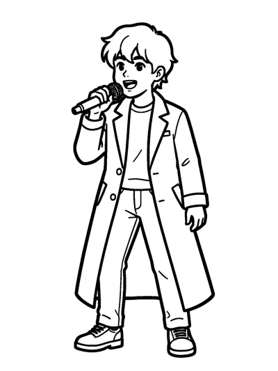 A young male singer with a wavy fringe sings into a microphone, wearing a long open coat over a T-shirt and trousers.