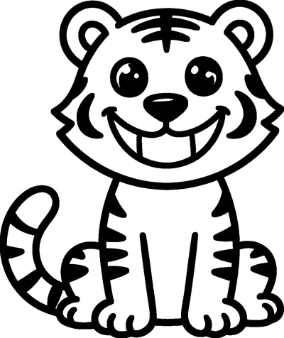 A goofy cartoon tiger sitting on the floor with big round eyes, a wide toothy grin and a curly striped tail.