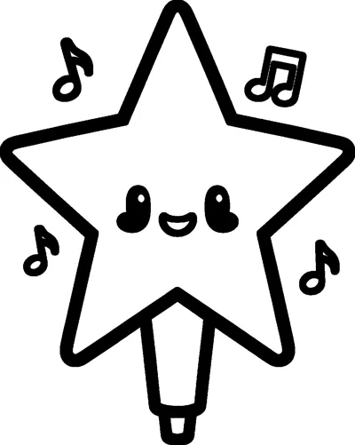 A smiling star-shaped microphone with a cute face and a handle, surrounded by four floating musical notes.