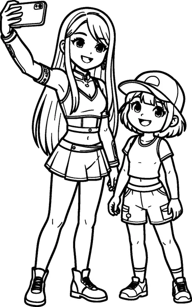 A tall girl with long straight hair holds up a phone for a selfie beside a smiling smaller girl in a cap and shorts.