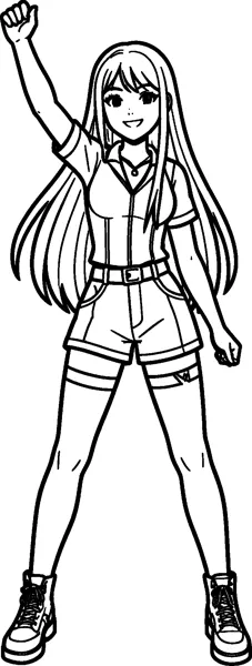 A tall girl with very long straight hair dances with one fist raised high, wearing a short-sleeved top, shorts and lace-up boots.