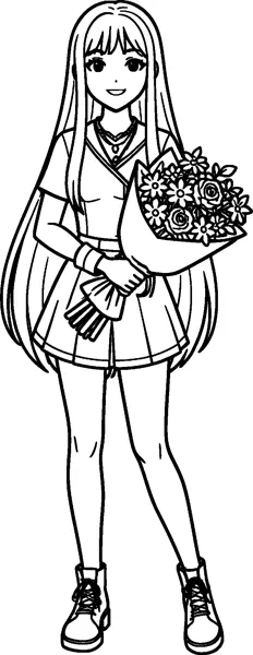 Mira from KPop Demon Hunters with long straight hair smiles while holding a wrapped bouquet of flowers in a skirt and lace-up boots.