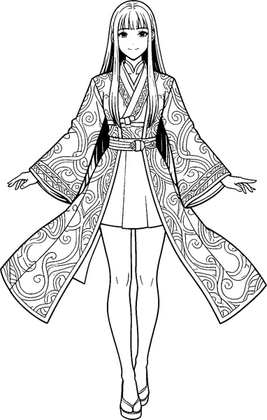 A detailed drawing of Mira with long straight hair, wearing a flowing hanbok-inspired coat covered in swirling patterns, arms held out to her sides.
