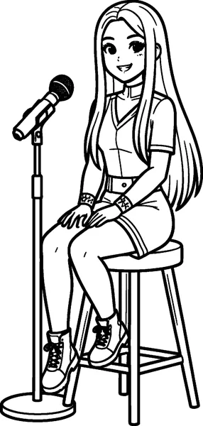 A girl with very long straight hair sits on a tall stool beside a microphone stand, wearing a fitted top, shorts and boots.