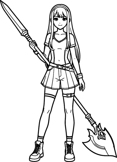 A tall girl with long straight hair and a headband stands holding a long pole weapon with a blade at each end.
