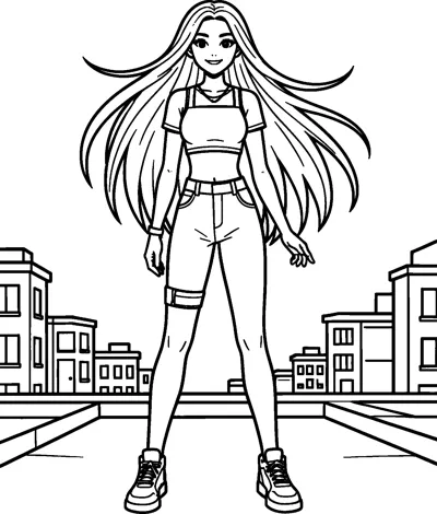 A tall girl with very long hair blowing in the wind stands on a rooftop with low city buildings behind her.