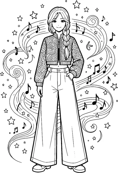 Rumi from KPop Demon Hunters stands in a patterned cropped jacket and wide trousers surrounded by swirling ribbons, stars and musical notes.