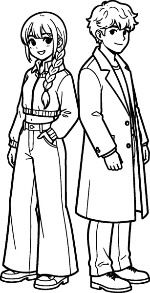 A smiling girl with a braid in a cropped jacket stands shoulder to shoulder with a young man in a long coat.