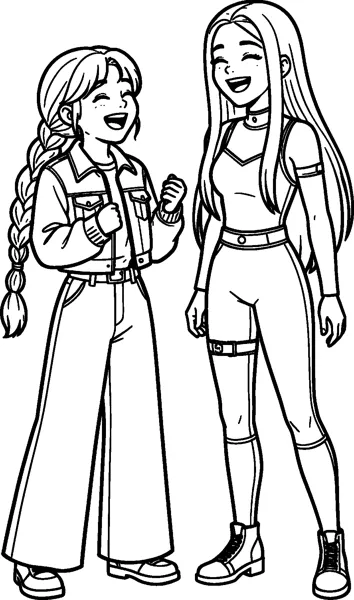 A drawing of Rumi with her long braid and denim-style jacket laughing beside tall Mira with long straight hair and lace-up boots.