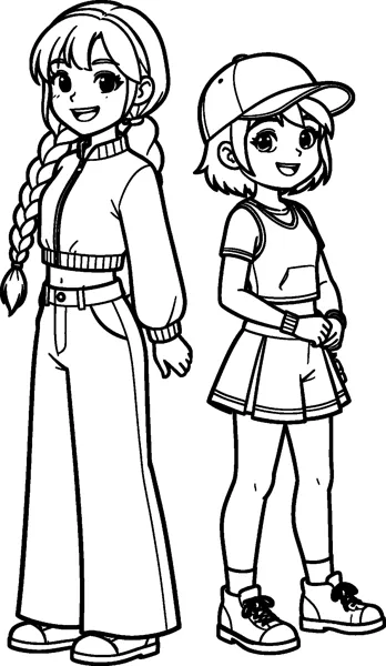 Rumi with her long braid and small Zoey in a baseball cap stand side by side, both smiling, in jackets, skirts and boots.