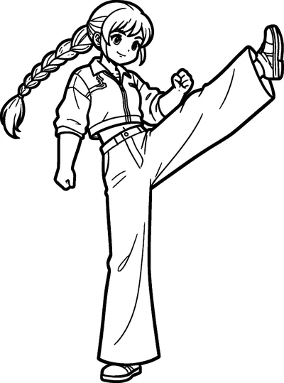 A girl with a long swinging braid does a high kick with one leg raised above her head, wearing a cropped jacket and wide trousers.