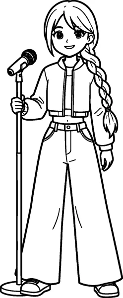 Rumi from KPop Demon Hunters smiles while holding a microphone stand, wearing her cropped jacket, wide-leg trousers and long single braid.