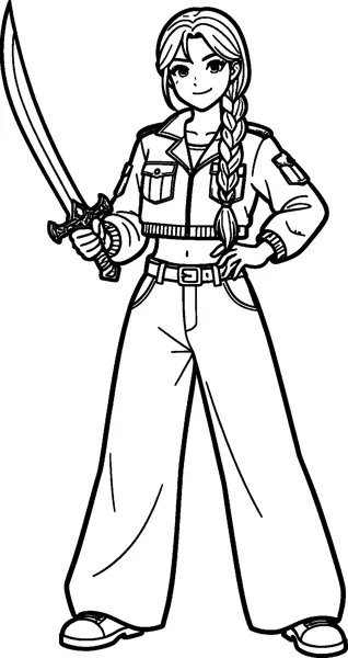 A confident girl with a long braid holds a curved sword upright, one hand on her hip, in a cropped jacket and wide trousers.