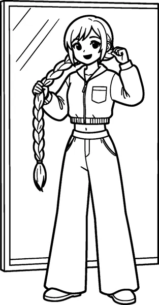 A smiling girl stands in front of a tall mirror holding her very long braid, wearing a cropped jacket and wide trousers.