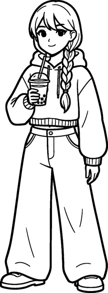 A girl with a long braid wears a cosy cropped hoodie and wide trousers while holding a cup of bubble tea with a straw.
