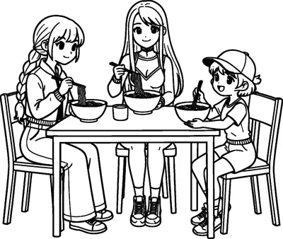Three girls sit around a table eating noodles with chopsticks from big bowls, one with a braid and one wearing a cap.