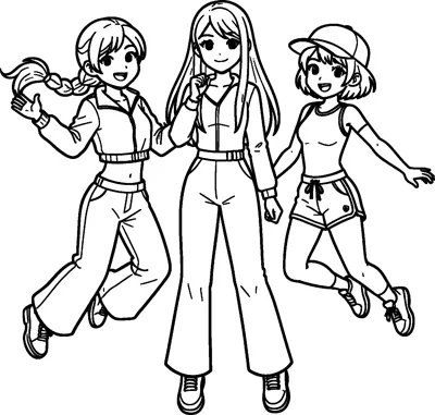 Three happy K-pop girls leap together, one with a long braid, one tall with straight hair and one small girl in a cap.