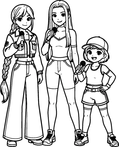 Three K-pop girls stand together holding microphones: one with a long braid, one tall with long straight hair, and a small one in a cap.