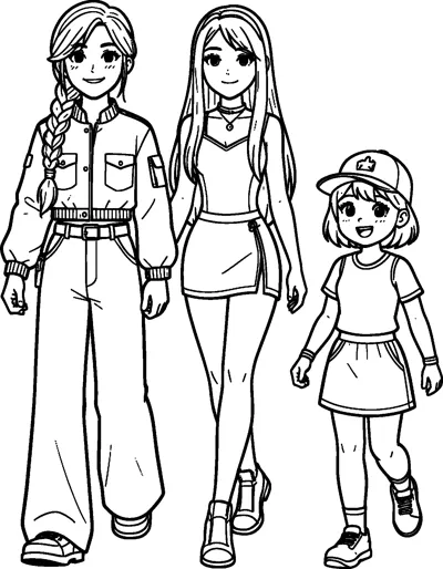 Rumi with her long braid, tall Mira in a short skirt and small Zoey in a cap walk side by side smiling.
