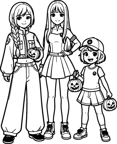 A drawing of Rumi with her braid, tall Mira with long hair and Zoey in a cap, each carrying smiling jack-o-lantern pumpkins.