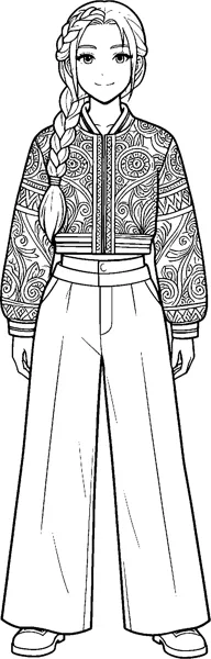A full-length drawing of a girl with a long braid wearing a cropped jacket covered in swirling decorative patterns and wide trousers.