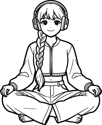 Rumi from KPop Demon Hunters sits cross-legged and barefoot wearing big headphones, her long braid resting over her cropped jacket.