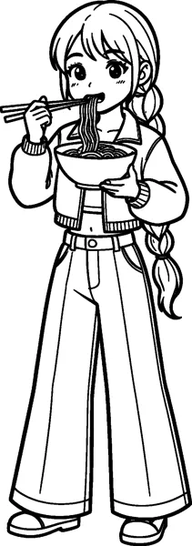 A drawing of Rumi with her long braid, holding a bowl and slurping ramen noodles with chopsticks, wearing a cropped jacket and wide trousers.