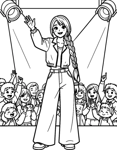 A smiling singer with a long braid waves from a stage under two spotlights while a crowd of happy fans cheers below.