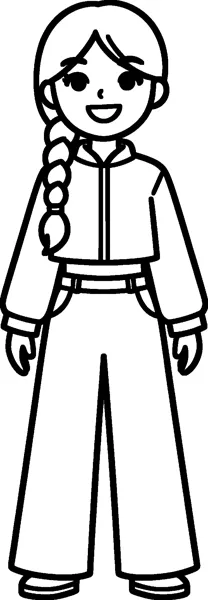 A very simple drawing of Rumi from KPop Demon Hunters smiling, with her long braid over one shoulder, a jacket and wide trousers.