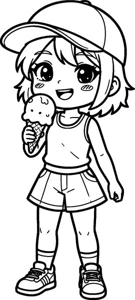 Zoey from KPop Demon Hunters in a baseball cap, vest top and shorts grins while holding an ice cream cone to her mouth.