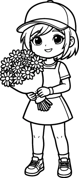 A small smiling girl with short hair and a baseball cap holds a big wrapped bouquet of daisies in front of her.