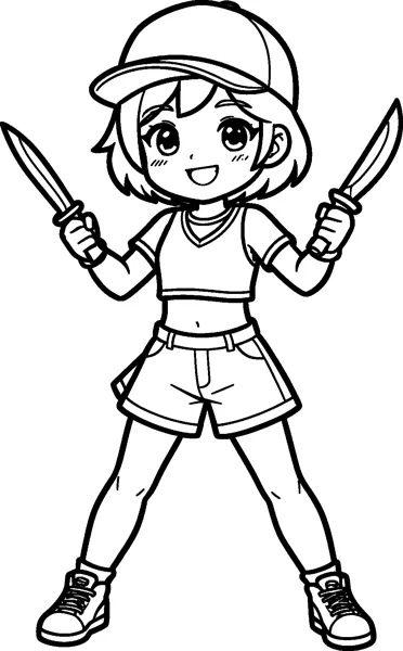 A small cheerful girl in a baseball cap stands in a wide stance holding a small blade up in each hand.