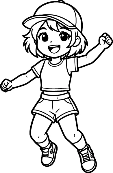A small cheerful girl in a baseball cap leaps into the air with a big smile, wearing a T-shirt, shorts and trainers.
